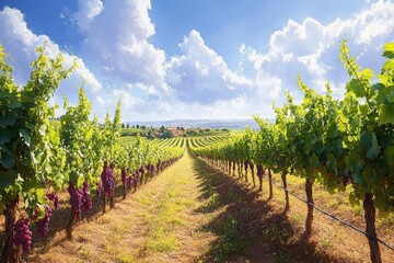 Naklejka premium Vibrant Vineyard Landscape in Tuscany with Grape Vines and Sunny Skies