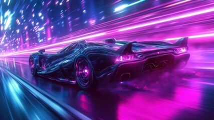 A car speeding through a tunnel with neon lights in a futuristic style.