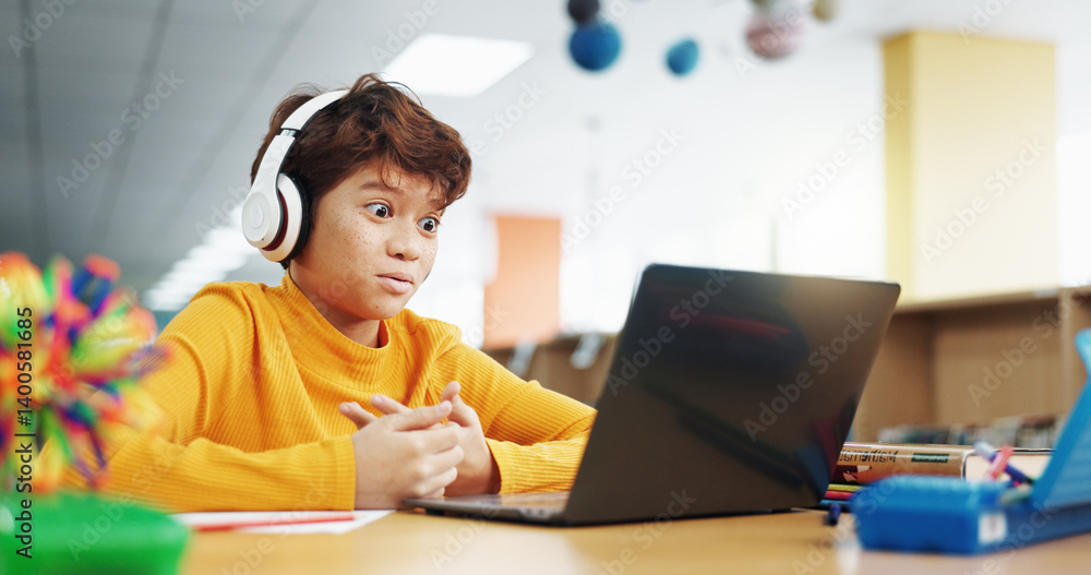 Poster student, shocked and headphones with laptop for video call, e learning or online class knowledge. vi