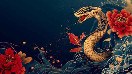 A striking illustration of a golden snake coiling through vibrant waves, surrounded by lush red peonies, exuding strength and grace.
