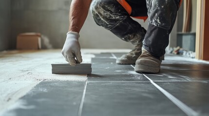 Construction worker placing tiles on the bathroom floor. Featuring meticulousness and artistry