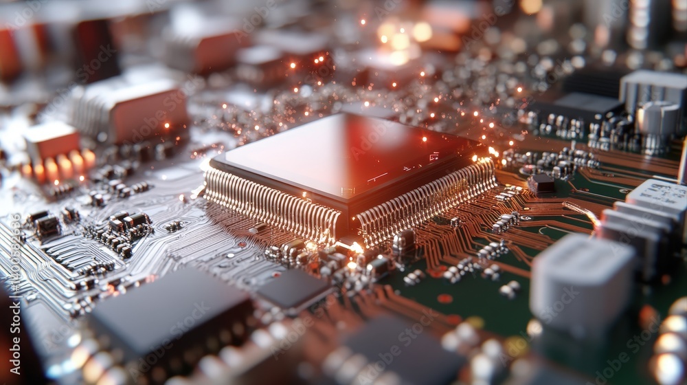Poster close-up view of a modern microchip on a circuit board with glowing sparks and details