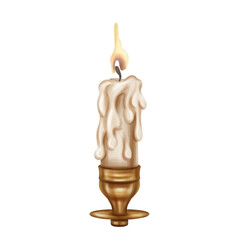 Golden metal candelabra with a long burning candle. Decoration in victorian gothic old victorian design. Research archive, Royal library. Handmade illustration on white background