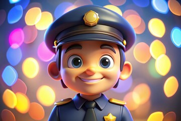 Cute 3D Cartoon Police Officer, Bokeh Background, Law Enforcement, Public Safety, Child Safety