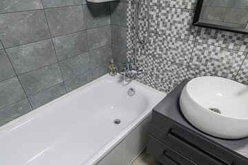 interior apartment room bathroom, sink, decorative elements, toilet