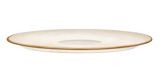 Beige ceramic saucer with gold decoration for cups and tea parties. A decoration for classic study and library in vintage style, old antique design. Handmade illustration on white background