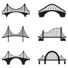 Set of different bridges. Isolated on white background. and white. Vector Black silhouettes. illustration.