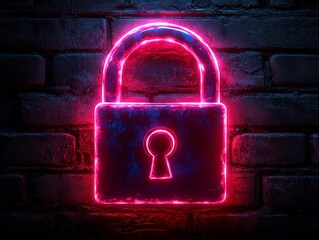 Intertwined neon security lock icons, glowing red alert, dark textured wall, front view, dramatic lighting.