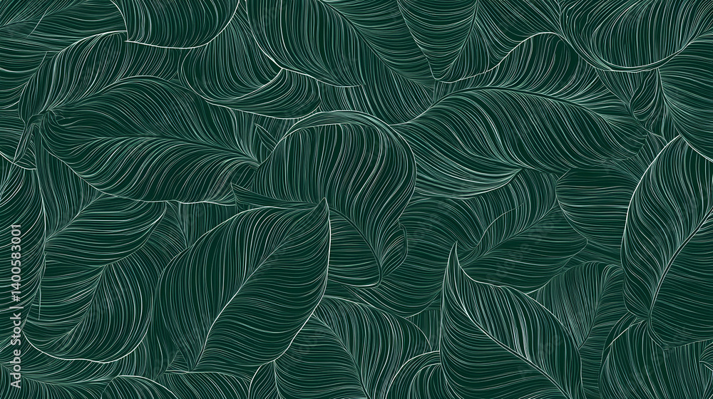 Poster an intricate pattern of green leaves with delicate line details, creating a lush and vibrant aesthet