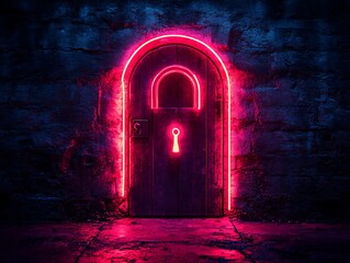 Intertwined neon security lock icons, glowing red alert, dark textured wall, front view, dramatic lighting.