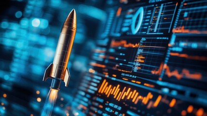 A gold rocket launching in front of data charts representing business growth.