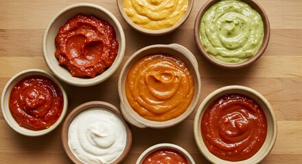 An Array of Delicious Dipping Sauces in Rustic Bowls