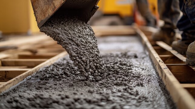 Construction worker pouring concrete into molds for structure. Featuring teamwork and craftsmanship
