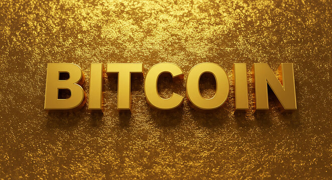 Golden bitcoin text on a textured gold background in a close up shot with dramatic lighting