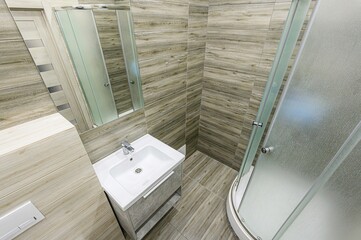 interior apartment room bathroom, sink, decorative elements, toilet