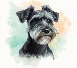 Realistic Pencil Sketch of Schnauzer Dog with Watercolor Splash Background