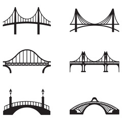 Set of different bridges. Isolated on white background. and white. Vector Black silhouettes. illustration.