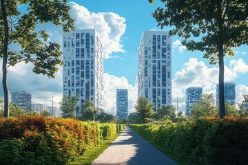 Obraz premium Modern Sustainable High-Rise Apartment Buildings in a Green Urban Environment