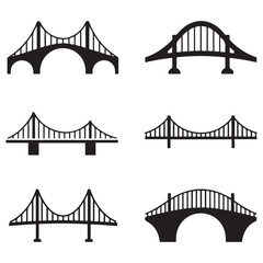 Set of different bridges. Isolated on white background. and white. Vector Black silhouettes. illustration.