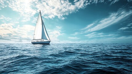 Obraz premium A sailboat glides across a serene ocean, bathed in sunlight and dramatic clouds