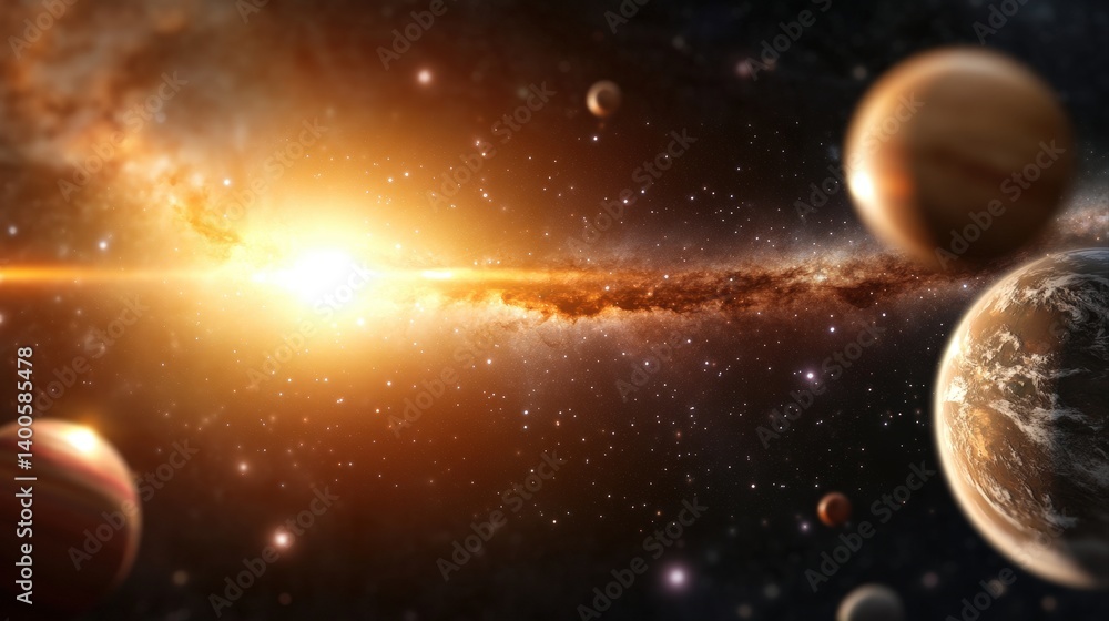 Poster cosmic landscape with bright starburst and multiple planets in deep space setting
