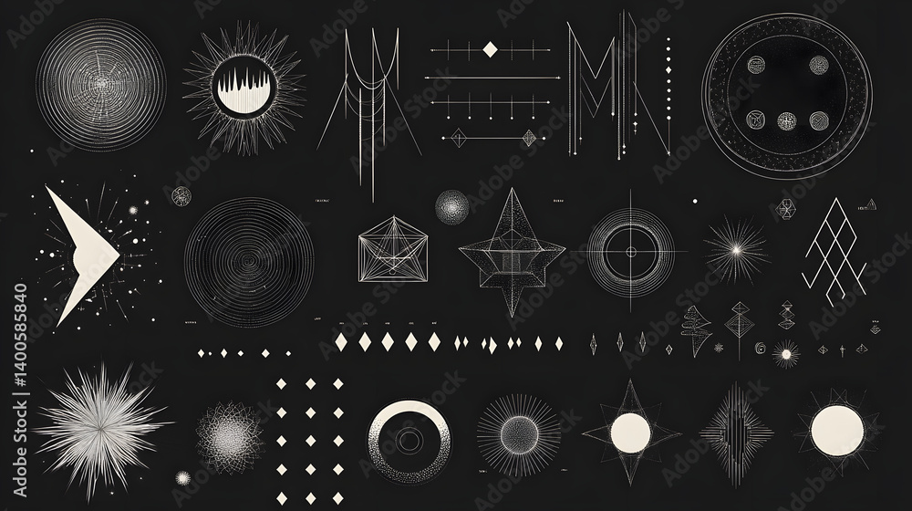 Poster a captivating collection of abstract geometric designs and symbols featuring intricate lines and sha