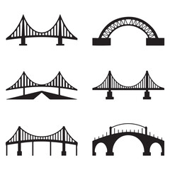 Set of different bridges. Isolated on white background. and white. Vector Black silhouettes. illustration.