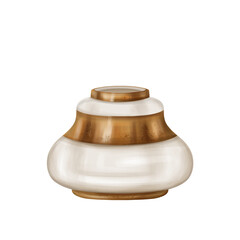 The inkwell is made of white ceramic with gold metal ornaments. A royal decoration for a classic study and library in vintage style, old design. Handmade object illustration on white background