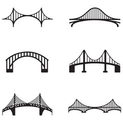 Set of different bridges. Isolated on white background. and white. Vector Black silhouettes. illustration.