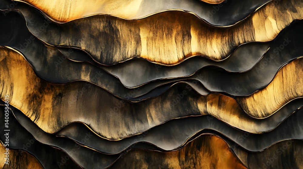 Poster abstract wavy pattern featuring a blend of dark and golden hues that create a sense of depth and flu