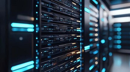 Advanced server racks with glowing blue lights in a high-tech room, ideal for cloud computing, data management, cybersecurity, and IT infrastructure presentations