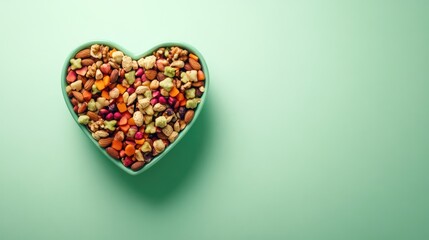 A heart-shaped bowl filled with a variety of colorful vegetables and nuts