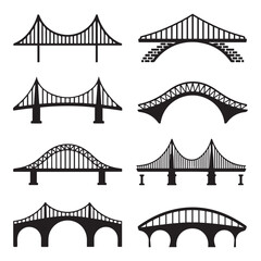 Set of different bridges. Isolated on white background. and white. Vector Black silhouettes. illustration.