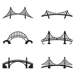 Set of different bridges. Isolated on white background. and white. Vector Black silhouettes. illustration.