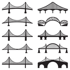 Set of different bridges. Isolated on white background. and white. Vector Black silhouettes. illustration.