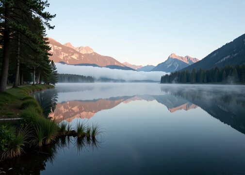 serene lake reflecting mountains and trees at sunrise  