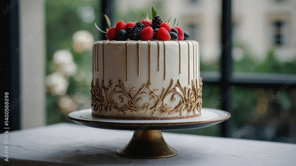 Poster delicious cake with fresh berries and elegant design on display in a bright setting