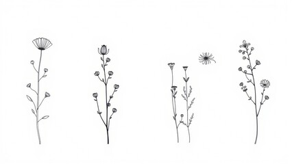 Black and white floral illustrations of various plant species  