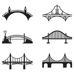 Set of different bridges. Isolated on white background. and white. Vector Black silhouettes. illustration.