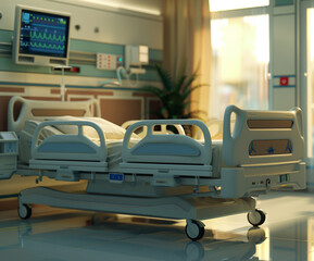 Modern hospital bed in an empty medical room with advanced monitoring equipment in the background. Clean, high-tech healthcare environment symbolizing recovery, safety, and professional care.