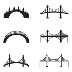 Set of different bridges. Isolated on white background. and white. Vector Black silhouettes. illustration.