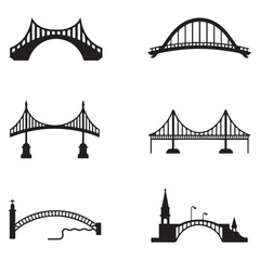 Set of different bridges. Isolated on white background. and white. Vector Black silhouettes. illustration.