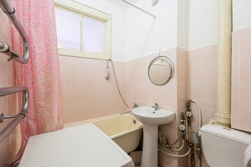 interior apartment room bathroom, sink, decorative elements, toilet