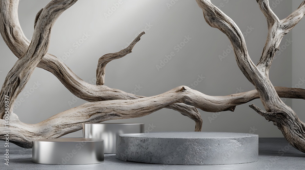 Poster artistic display of irregular shaped metallic platforms and weathered driftwood branches in a minima