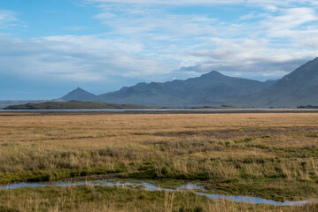 Icelandic landscape: mountains, grassland, and cloudy sky.