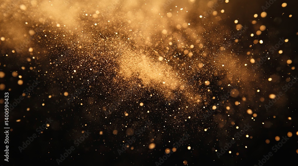 Poster ethereal golden particles dance in the dark, creating a mesmerizing bokeh effect