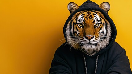 A cool tiger wearing a black hoodie on a yellow background, anthropomorphic.