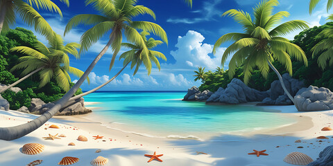 Tranquil Beach with White Sand Turquoise Water Palm Trees and Starfish Under Bright Blue Sky