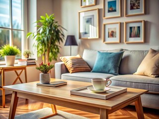 Cozy Living Room Interior: Line Art Picture Frame on Coffee Table with Books