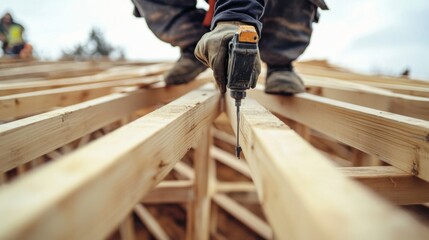Construction worker securing a roof truss with a nail gun. Featuring speed and accuracy